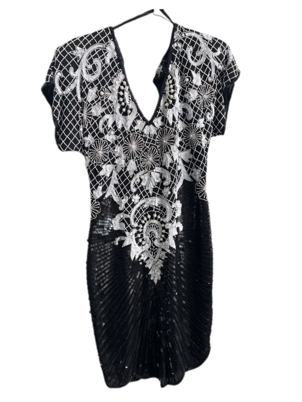 Black Sequin Embellished Mini Dress with Silver Floral Detailing